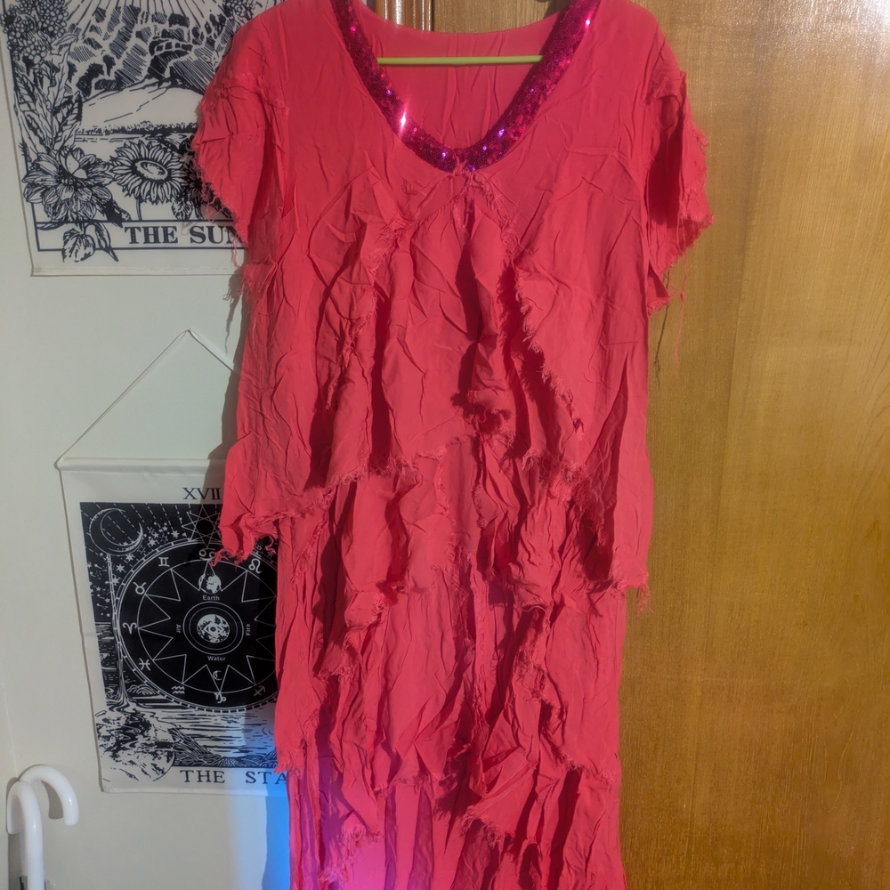 Chic Asymmetrical Pink Dress with Sequin Neckline